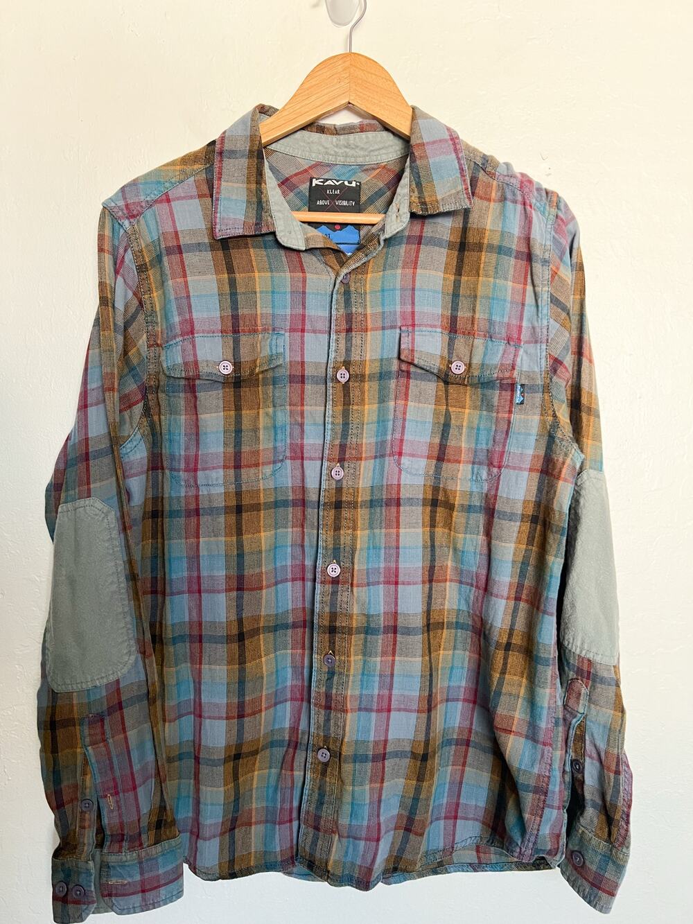 Kavu Shirt Mens Medium Button Down Flannel Plaid Elbow Patches Blue Brasstown